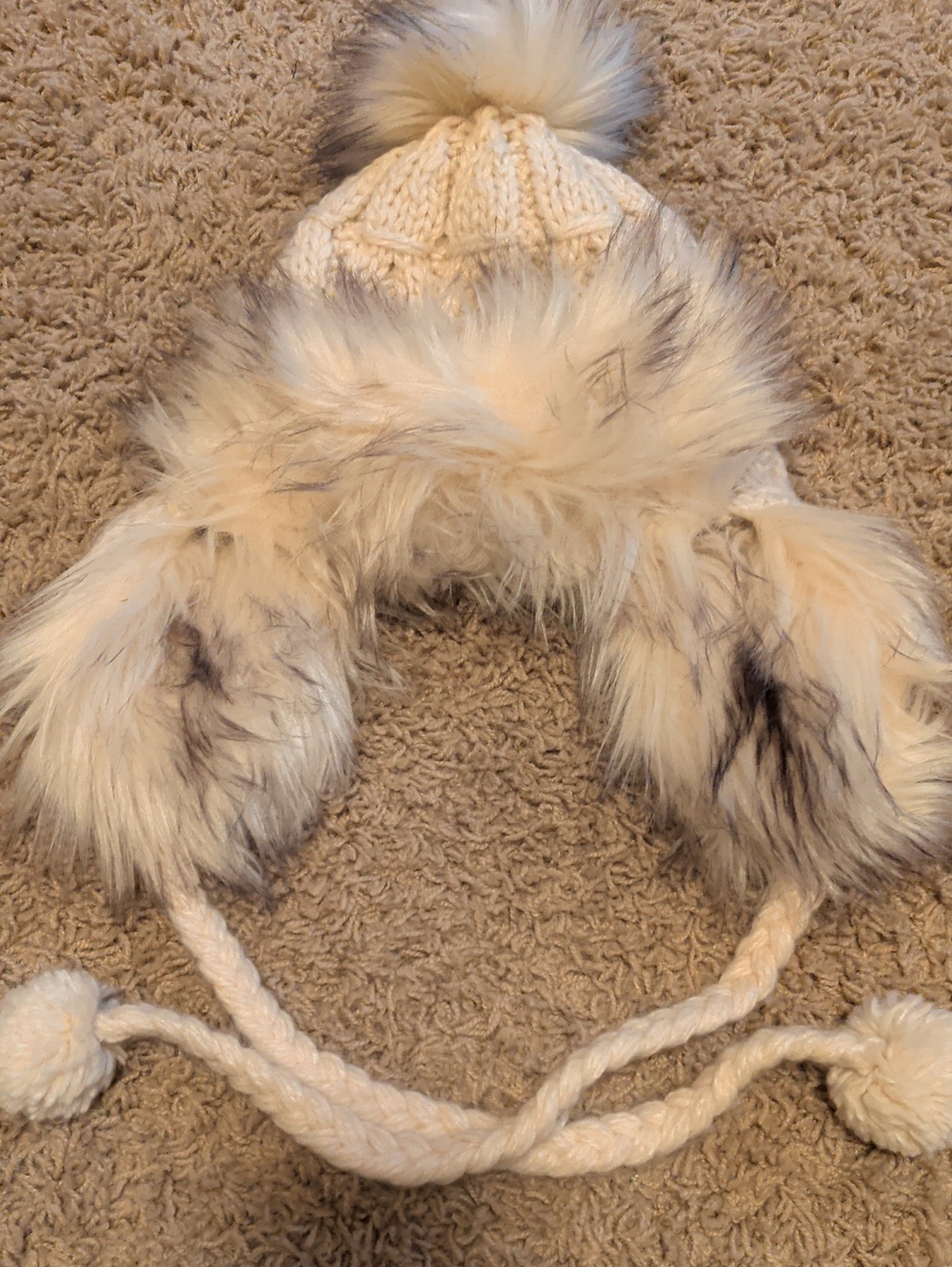 Madison Ivory Knit Earflap Hat with Faux Fur Pom Poms